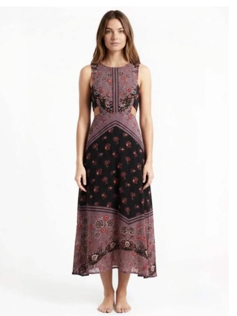 Free People "Sunrise Oblivion" Floral Print Maxi Dress - Black Purple - Size 0